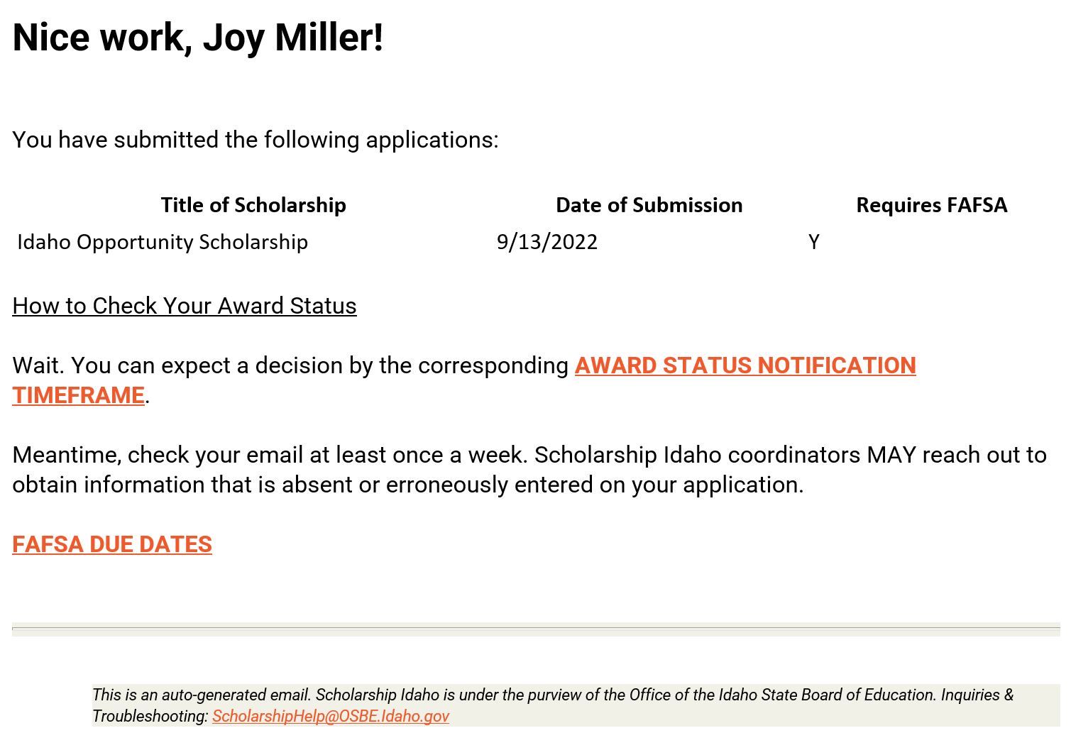 Application Submitted Email